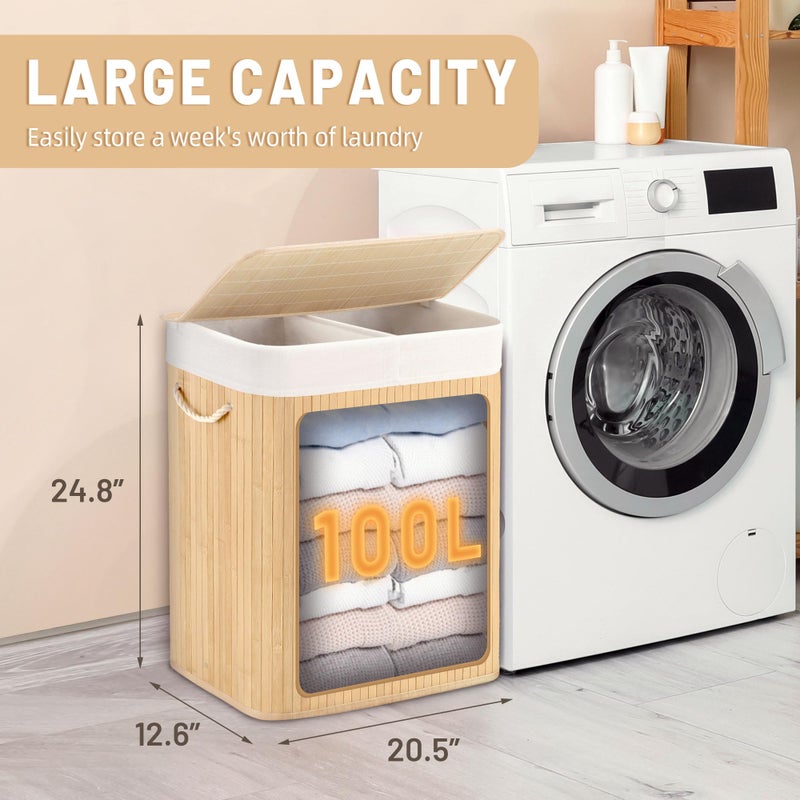 Aliphon 100L Laundry Hamper with lid, 2-Section Clothes Laundry Basket with Handles, Large Collapsible Bamboo Baskets for Bedroom, Bathroom, Dorm, Natural Beige - Image 2