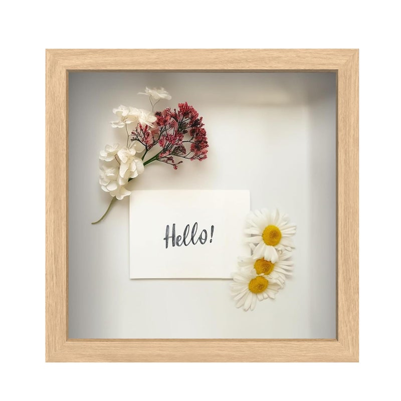 FrameWorks 11â€ x 11â€ Natural Oak Wooden Shadow Box Frame â€“ Display Case with Soft Felt Back, Memory Box with Tempered Glass, Display Box with Elegant White Ball Push Pins, Wooden Flower Box - Image 1