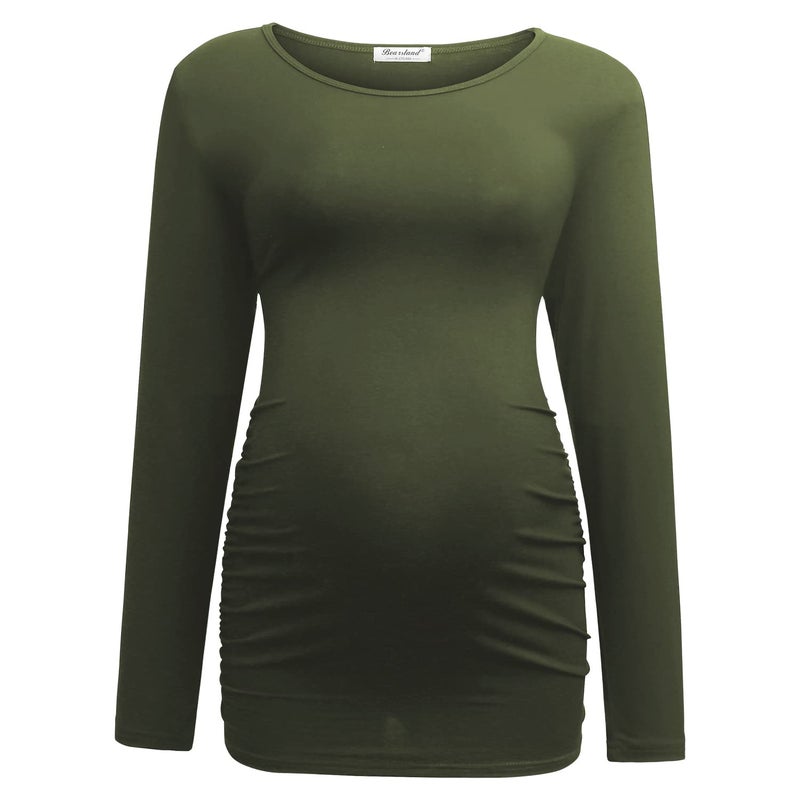 Bearsland Womens Maternity Long Sleeve Tshirt 3 Packs Classic Side Ruched Tee Top Mama Pregnancy Clothes,Black+dpgray+ArmyGreen,S - Image 3
