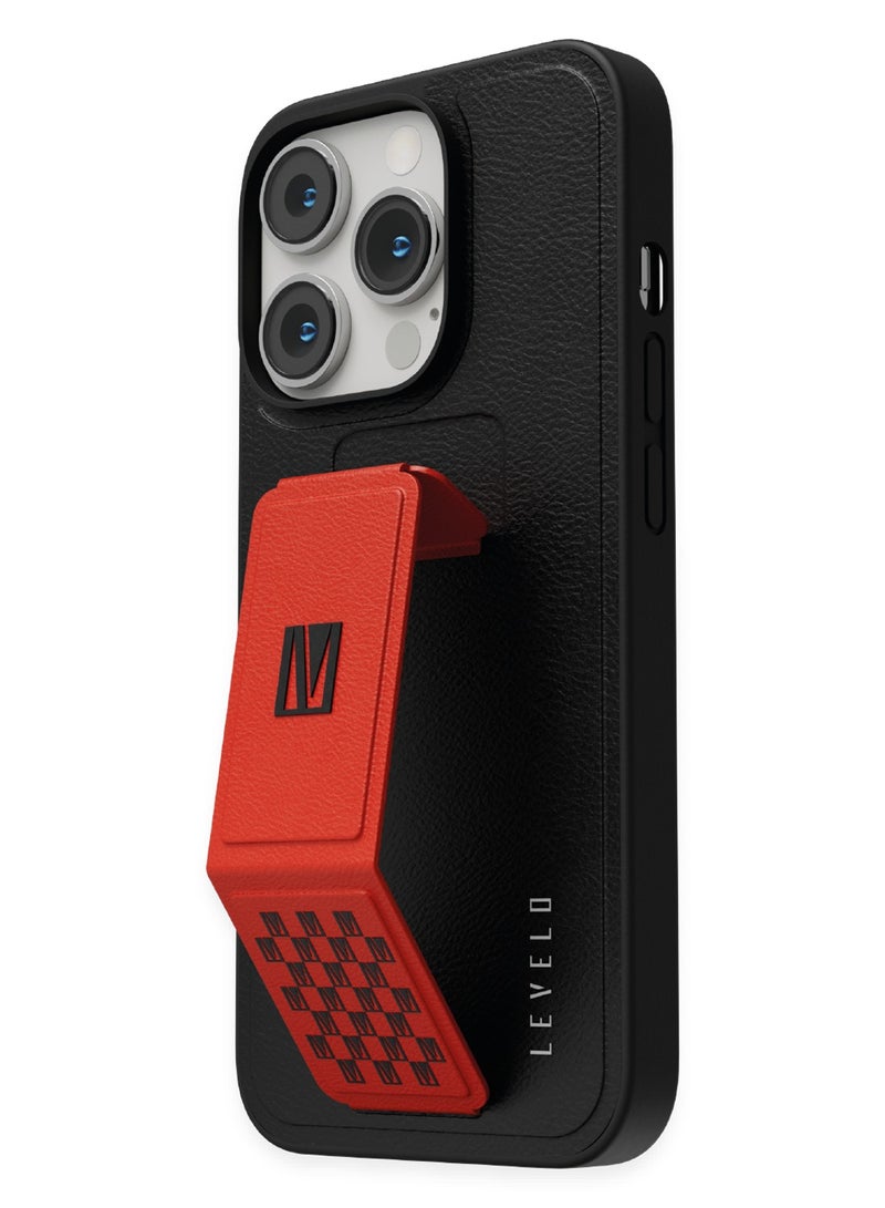 LEVELO iPhone 14 Pro Case Morphix Grip stand PU Leather Back Cover / Lifted Ring Case / Easy Snap-On / Drop & Bumper Protection - Red - Image 1