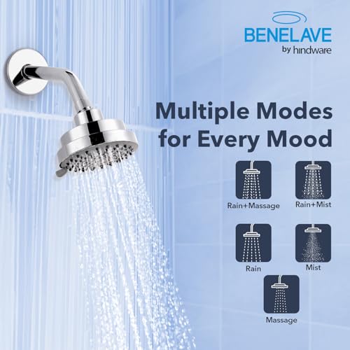 hindware Benelave by Hindware 5-Flow Overhead Shower for Bathroom | Made of ABS | Mirror-like Chrome Polish Finish | Rain, Massage, Mist & Combination Modes | Water Saving Multi Flow Bathroom Shower - Image 3