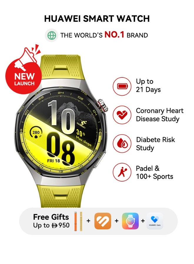 هواوي HUAWEI WATCH GT7 Pro 46mm Smart Watch, Upto 21 Days of Battery Life, Compatible with iOS & Android, ECG, Heart Rate Monitoring, 100+ Sports Modes, Titanium Alloy Case, EasyCross Strap, Yellow + FOC - Image 1