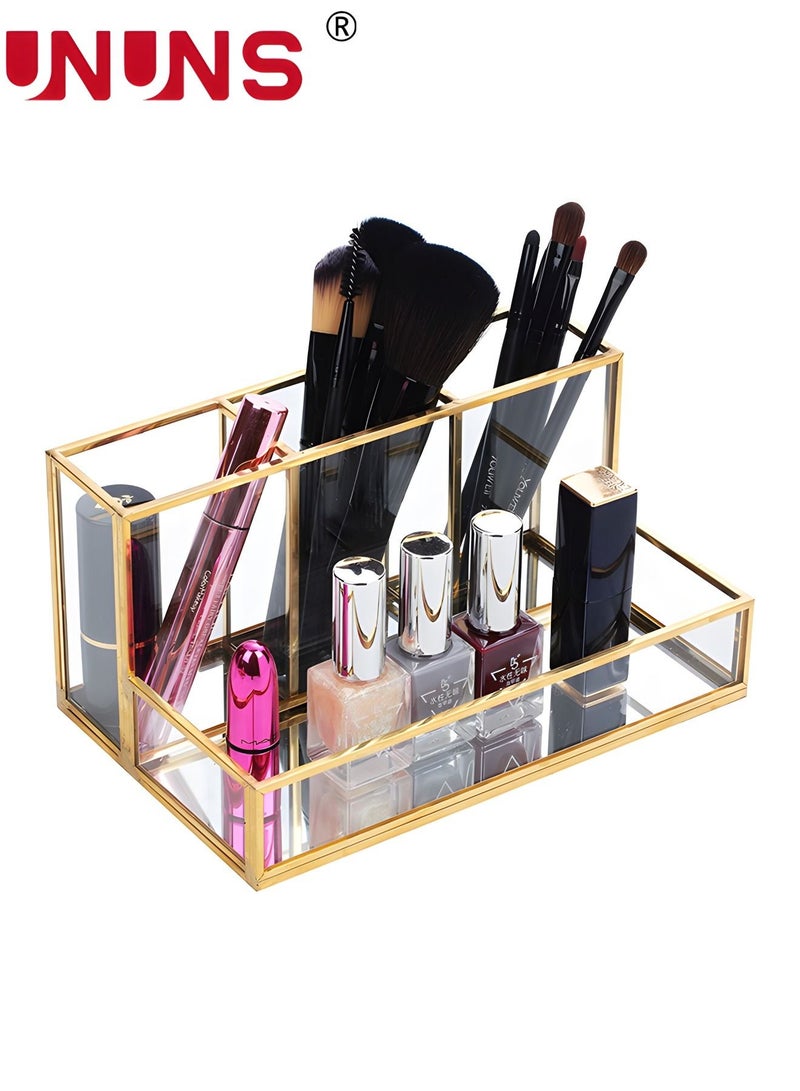 UNUNS منظم مكياج زجاجي ذهبي - حامل عطر مستحضرات التجميل - حامل فرش المكياج - منظم مجوهرات - منظم عرض المكياج، تخزين مستحضرات التجميل متعدد الاستخدامات لغرفة النوم، خزانة، سطح الطاولة - شفاف ذهبي  - Image 1