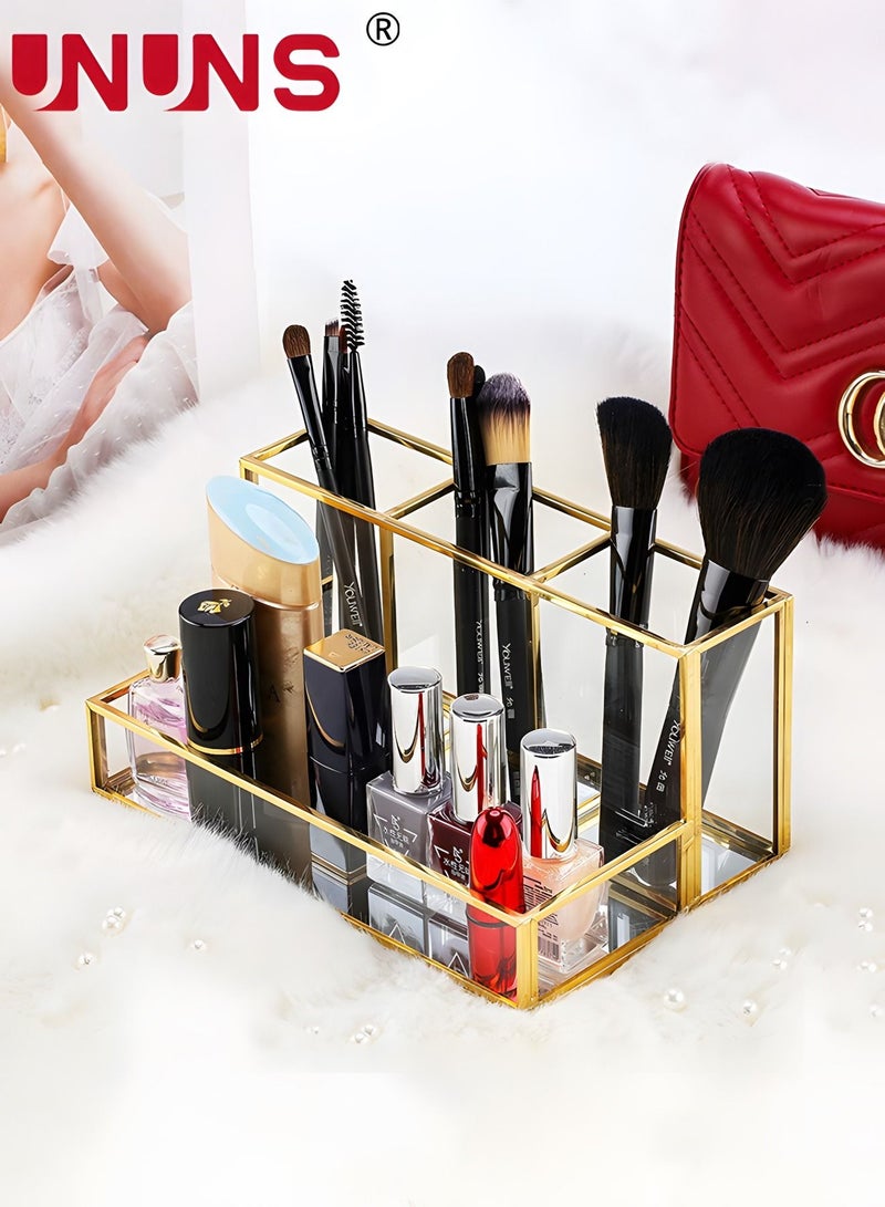 UNUNS منظم مكياج زجاجي ذهبي - حامل عطر مستحضرات التجميل - حامل فرش المكياج - منظم مجوهرات - منظم عرض المكياج، تخزين مستحضرات التجميل متعدد الاستخدامات لغرفة النوم، خزانة، سطح الطاولة - شفاف ذهبي  - Image 2