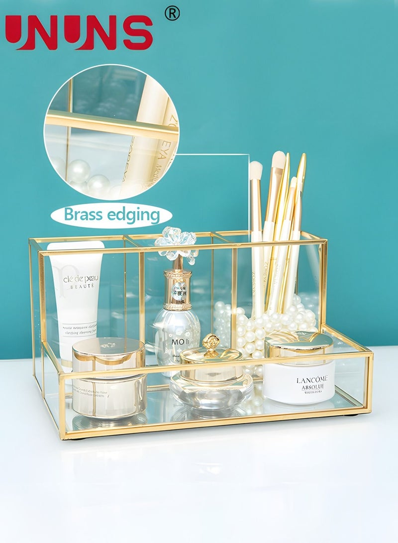 UNUNS منظم مكياج زجاجي ذهبي - حامل عطر مستحضرات التجميل - حامل فرش المكياج - منظم مجوهرات - منظم عرض المكياج، تخزين مستحضرات التجميل متعدد الاستخدامات لغرفة النوم، خزانة، سطح الطاولة - شفاف ذهبي  - Image 4