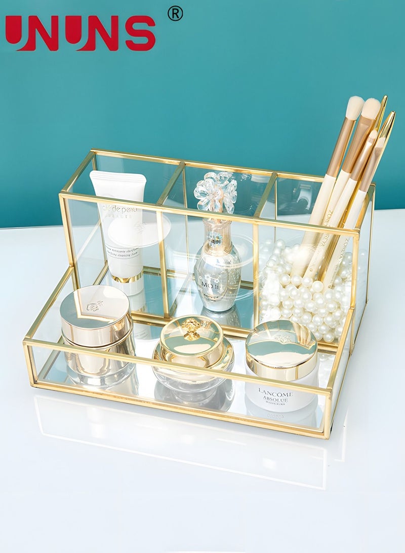 UNUNS منظم مكياج زجاجي ذهبي - حامل عطر مستحضرات التجميل - حامل فرش المكياج - منظم مجوهرات - منظم عرض المكياج، تخزين مستحضرات التجميل متعدد الاستخدامات لغرفة النوم، خزانة، سطح الطاولة - شفاف ذهبي  - Image 3