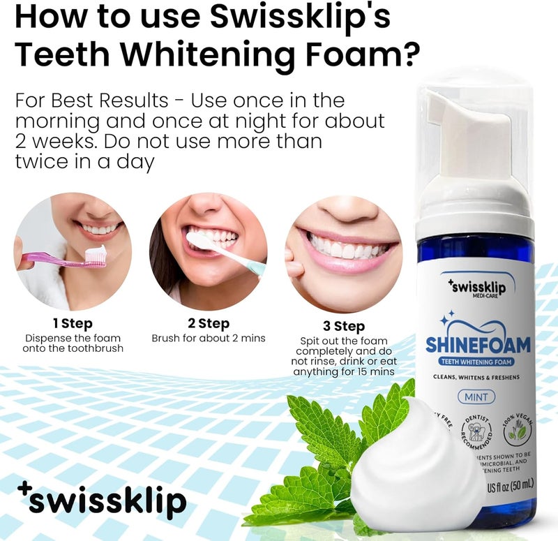 Swissklip ShineFoam Teeth Whitening Foam Mint Flavor Whitening Toothpaste Teeth Whitener I Professional Teeth Whitening Kit 100 Vegan Made in USA 169 oz Pack 1 - Image 5