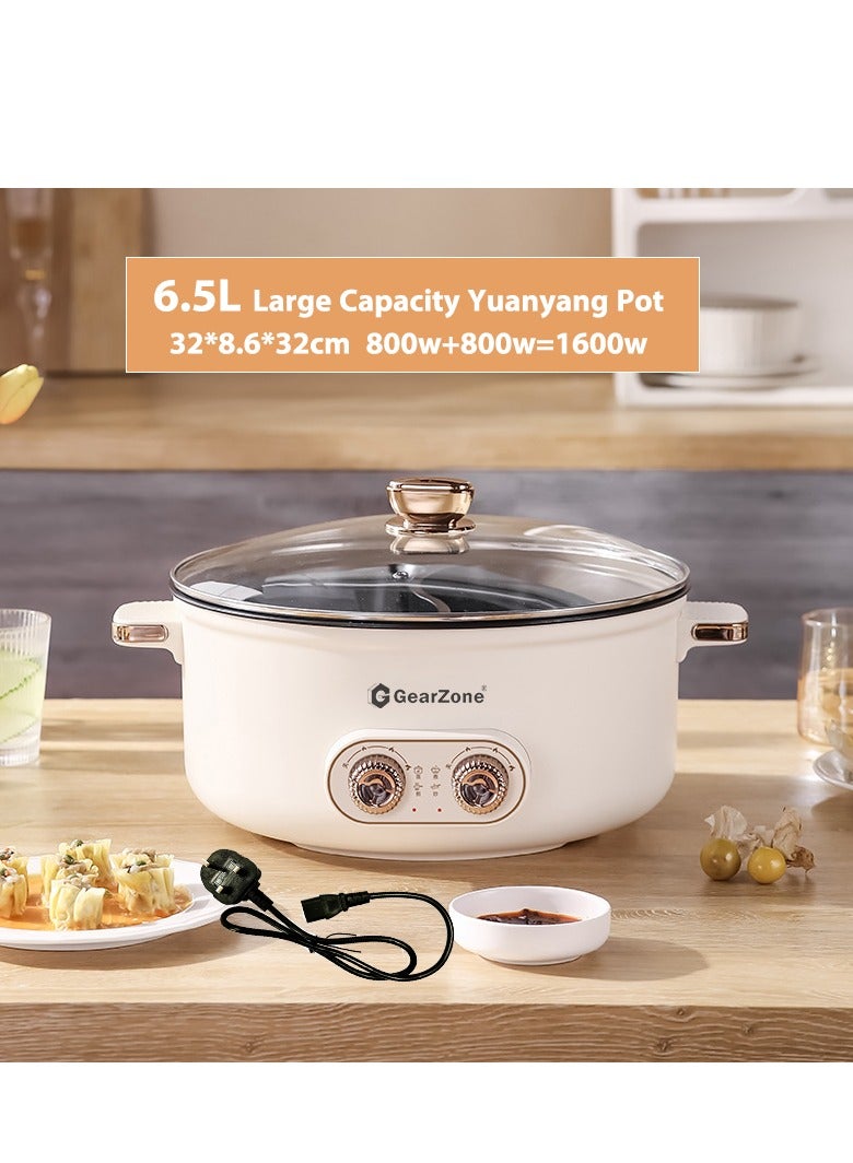 6.5L 1600W Non-Stick Large Capacity Multifunctional Electric Cooking Pot, Double Hot Pot with Independent Temperature Control, 8.6 Bowl Depth, Electric Skillet, Frying Pan, Electric Saucepan, for Noodles, Egg, Steak, Oatmeal and Soup