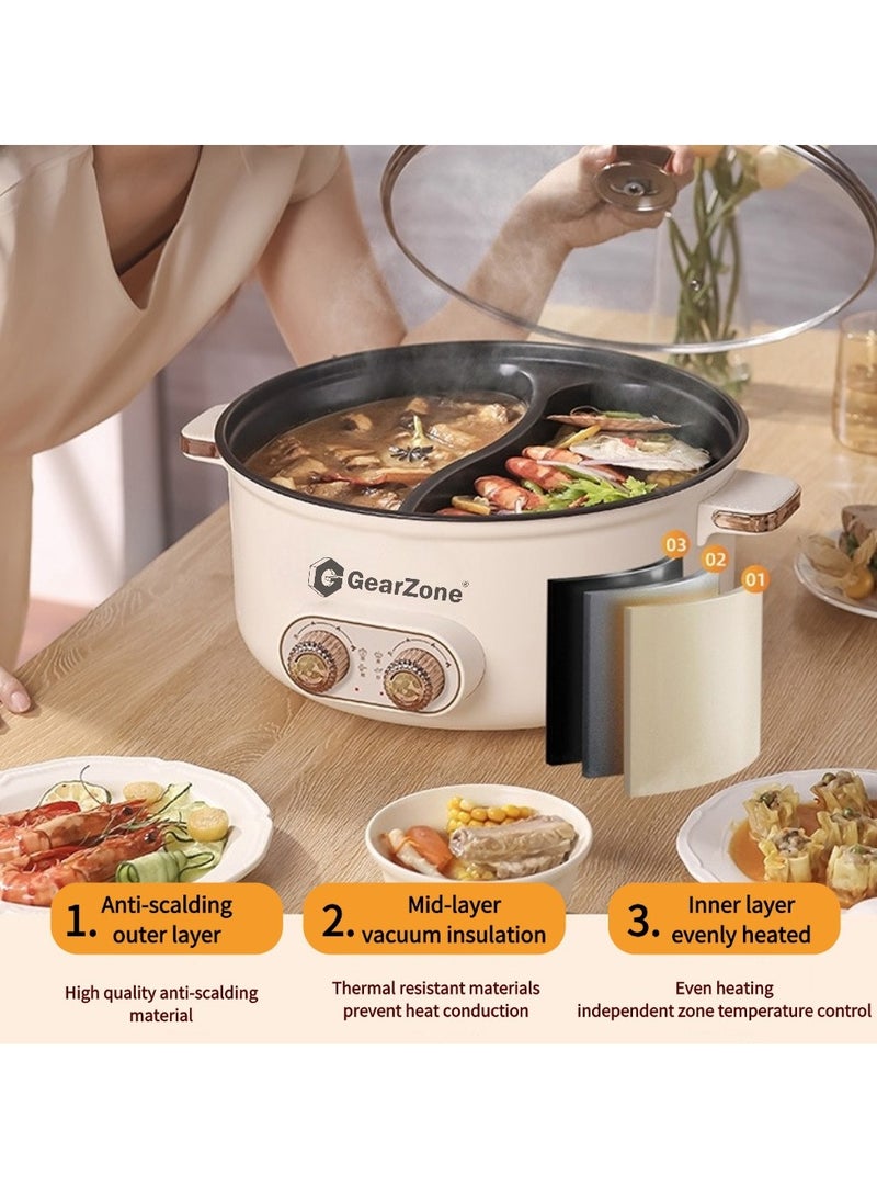 6.5L 1600W Non-Stick Large Capacity Multifunctional Electric Cooking Pot, Double Hot Pot with Independent Temperature Control, 8.6 Bowl Depth, Electric Skillet, Frying Pan, Electric Saucepan, for Noodles, Egg, Steak, Oatmeal and Soup