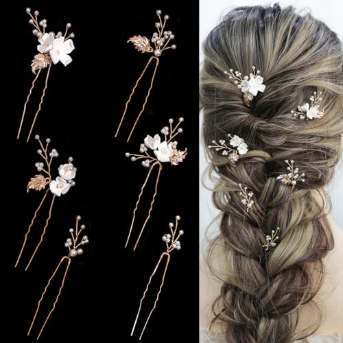 SELFCLOUD Handmade Pearl Bridal Wedding Hair Pins 6Pcs White Flower Gold Leaf Pearls Clips Bridal Hair Accessories for Women Brides Bridesmaid - Image 1