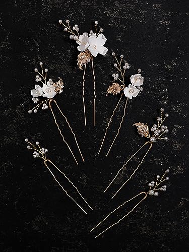 SELFCLOUD Handmade Pearl Bridal Wedding Hair Pins 6Pcs White Flower Gold Leaf Pearls Clips Bridal Hair Accessories for Women Brides Bridesmaid - Image 3