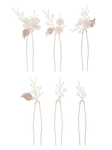 SELFCLOUD Handmade Pearl Bridal Wedding Hair Pins 6Pcs White Flower Gold Leaf Pearls Clips Bridal Hair Accessories for Women Brides Bridesmaid - Image 5