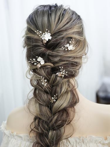 SELFCLOUD Handmade Pearl Bridal Wedding Hair Pins 6Pcs White Flower Gold Leaf Pearls Clips Bridal Hair Accessories for Women Brides Bridesmaid - Image 4