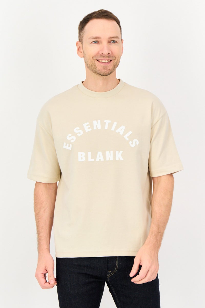Blank Essentials Men Crew Neck Short Sleeve Brand Logo T-Shirt, Beige - Image 1