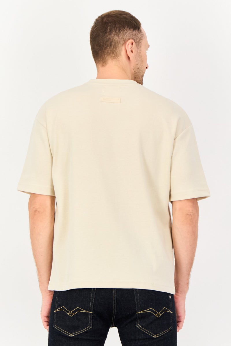Blank Essentials Men Crew Neck Short Sleeve Brand Logo T-Shirt, Beige - Image 3