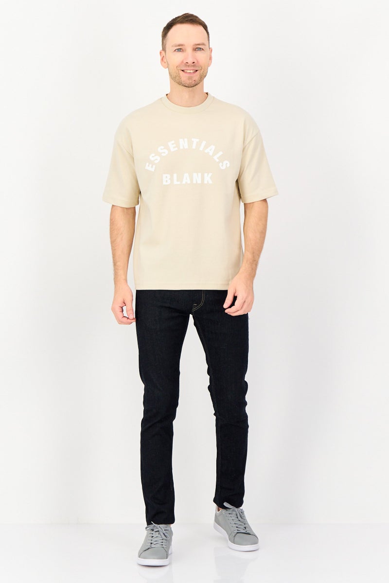 Blank Essentials Men Crew Neck Short Sleeve Brand Logo T-Shirt, Beige - Image 4