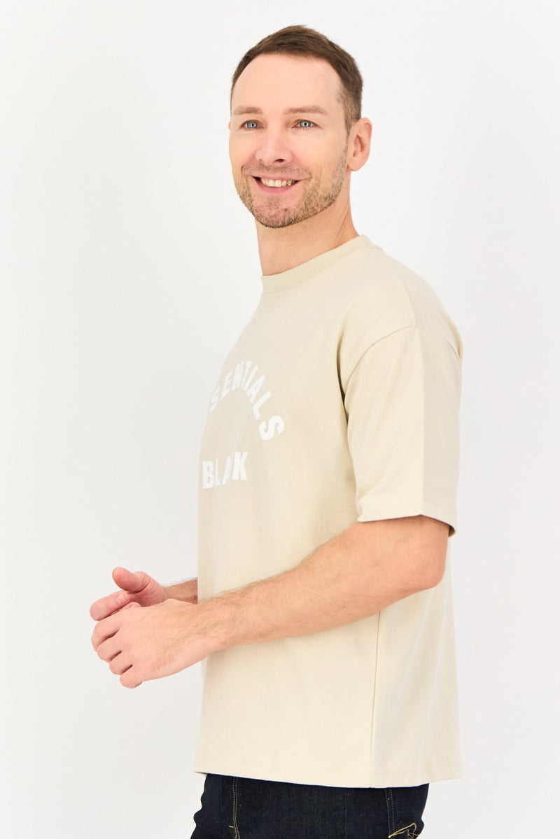 Blank Essentials Men Crew Neck Short Sleeve Brand Logo T-Shirt, Beige - Image 4