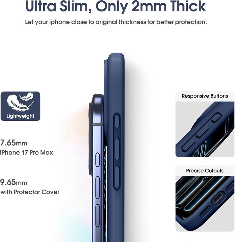 DIZORO Compatible for (iPhone 17 Pro Case) Slim Liquid Silicone Case 3 Layers Full Covered Soft Gel Rubber Phone Case Protective Cover - Navy Blue - Image 5