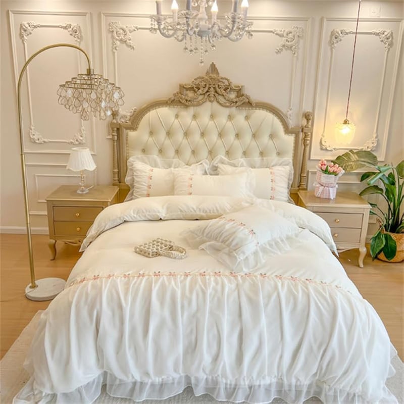 MOOWOO Chic Ruffle Lace Queen Duvet Cover SetPrincess Girl Bedding3 Piece Comforter Duvet Cover with Zipper ClosureCoquette Room DecorWhiteQueen Size