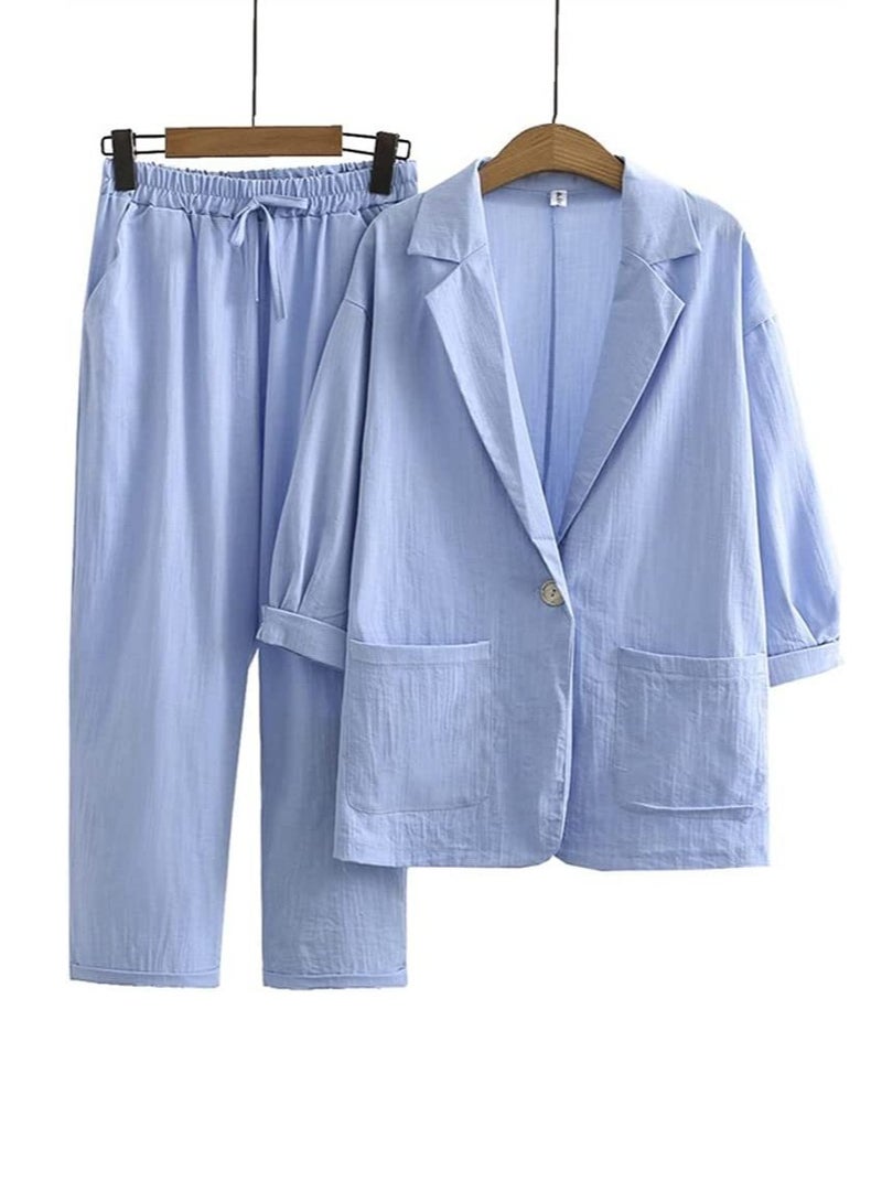 Loquat Women's Solid Color 2 Piece Set Three-Quarter Sleeve Suit Jacket And Loose Pants Casual Suit Blue 