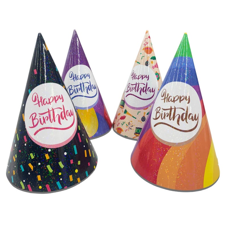 TRIACE Party Hats Pack of 20 4 Different Printed Design with shiny finish PRE ASSEMBLED Perfect for Birthday Parties TR 232