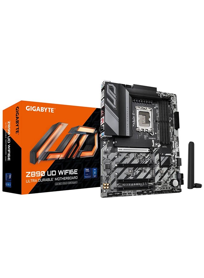 جيجابايت لوحة أم Z890 UD WIFI6E LGA 1851 ATX، شريحة Intel Z890، دعم لمعالجات Intel® Core™ Ultra، 4x فتحات DDR5 DIMM (حتى 256GB)، PCIe 5.0 x16، LAN بسرعة 2.5GbE، Intel® Wi-Fi 6E، Bluetooth 5.3، USB4، 4x فتحات M.2 (PCIe 5.0/4.0)، صوت Realtek®، DisplayPort 2.1، دعم RAID 0/1/5/10، 6x منافذ USB 3.2، RGB ورؤوس RGB قابلة للتوجيه، Q-Flash Plus | Z890-UD-WIFI6E - Image 1
