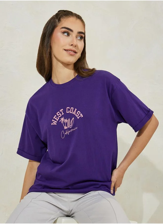 ستايلي Oversized West Coast Embroidered Turn-Up Sleeves T-Shirt