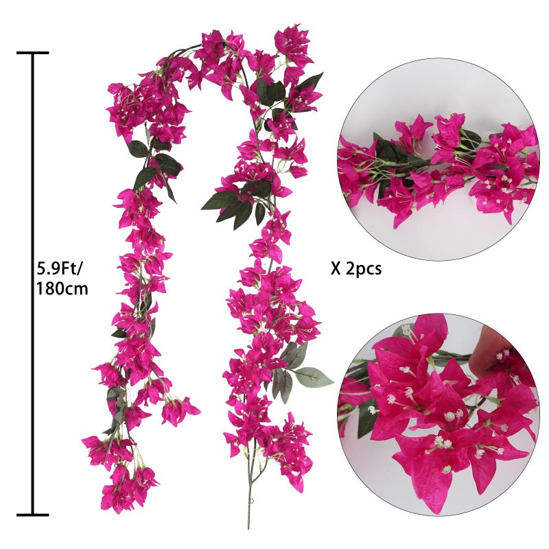 IPOPU 5.9 Ft Artificial Bougainvillea Flowers Garland 2PCS Fake Silk Bougainvillea Vines Long Plant Faux Bougainvillea Wreaths for Centerpieces Table Runner Wedding Arch Wall Decorations (Deep Pink) - Image 2