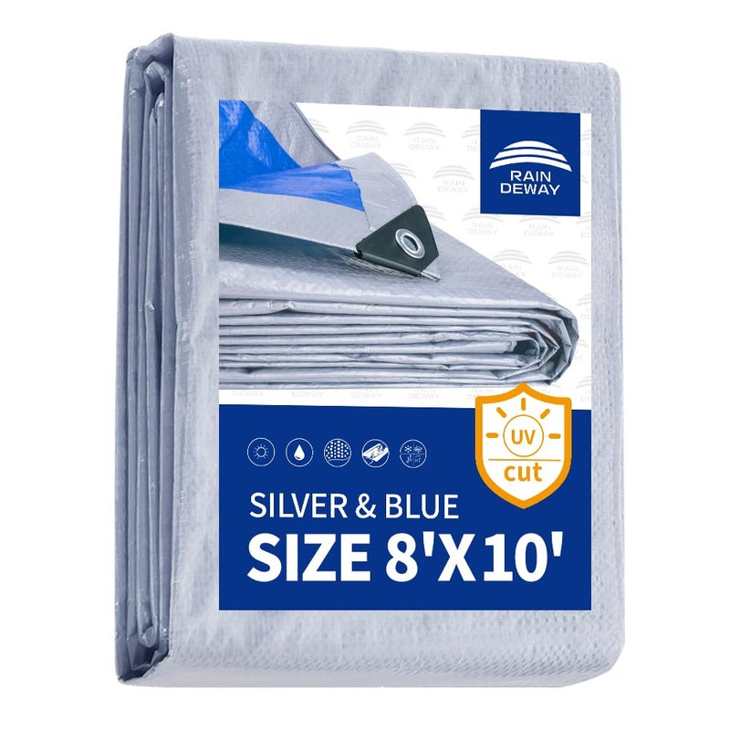 RAINDEWAY Tarps 8x10 Feet, 5.5 Mil - Multipurpose Waterproof Poly Tarp Cover with Metal Grommets and Reinforced Edges, Silver/Blue Tarp - Image 1