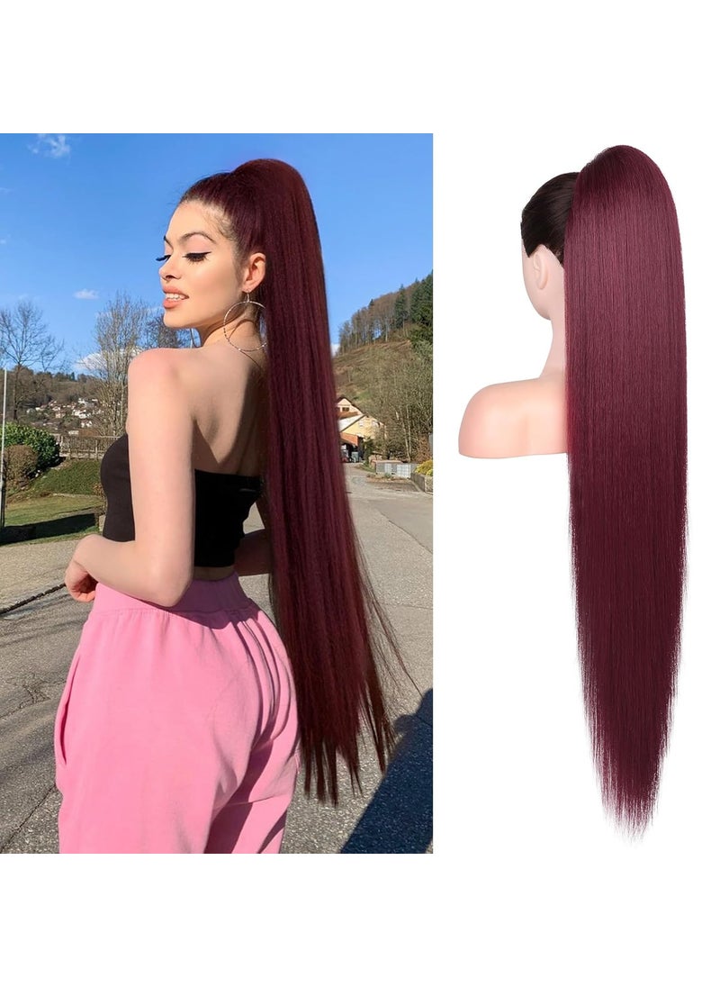 SEIKEA SEIKEA 36 Long Straight Drawstring Ponytail Extension Multi Layered Light Soft TangleResistant Silk Touch Clip in Hair Extensions Ponytail Natural Synthetic Hairpiece Burgundy 