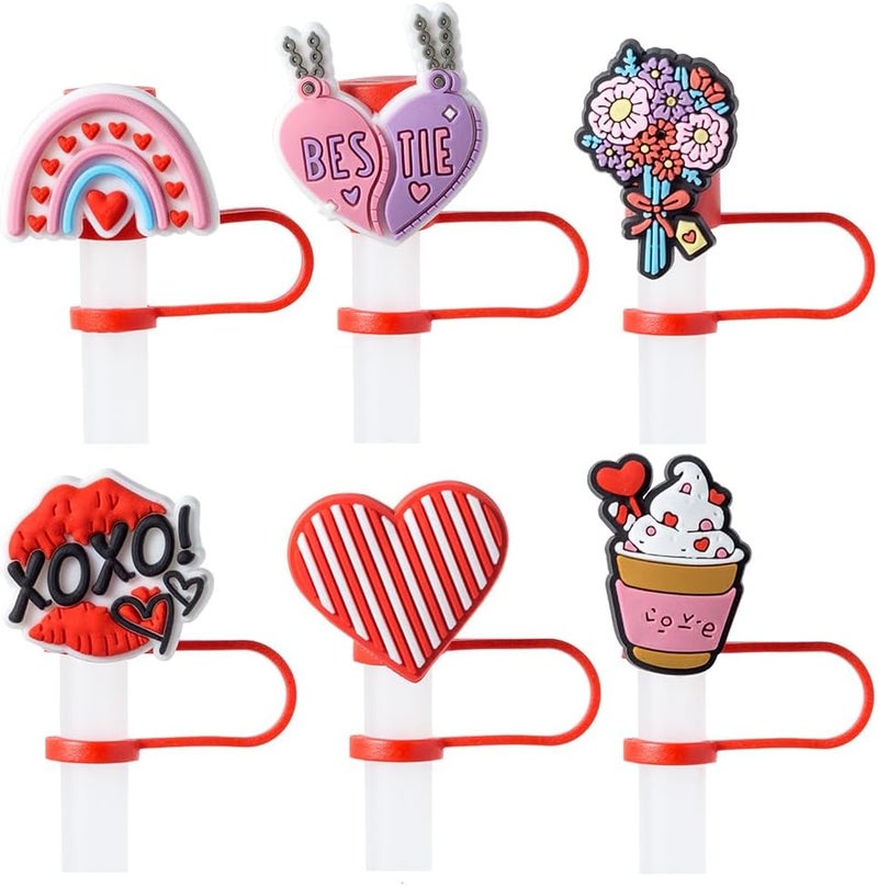 BULKITEM 6Pcs Valentine's Day Straw Cover Cap for Stanley Cup, 10mm Reusable Cute Pink Drinking Straw Topper Accessories, Portable Protector Plugs Decorations Gifts for Kids Party Favors - Image 1
