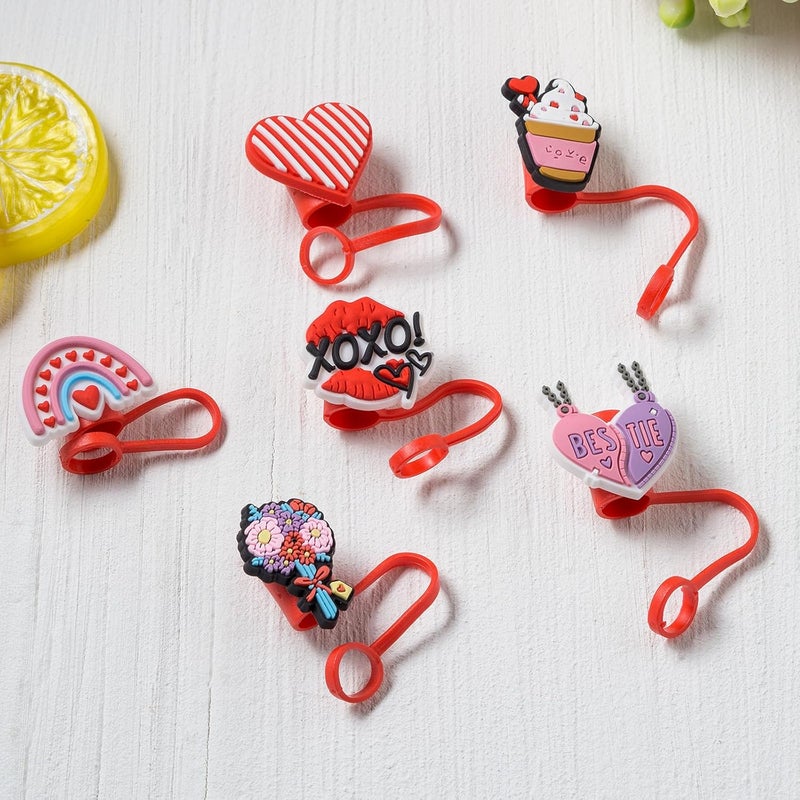 BULKITEM 6Pcs Valentine's Day Straw Cover Cap for Stanley Cup, 10mm Reusable Cute Pink Drinking Straw Topper Accessories, Portable Protector Plugs Decorations Gifts for Kids Party Favors - Image 4