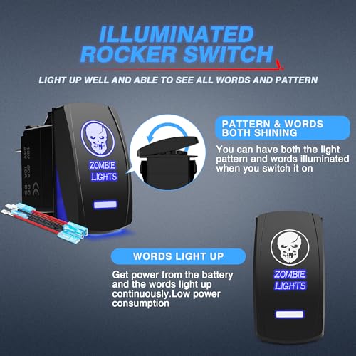 MicTuning MIC-LSK1 Zombie Lights Symbol Rocker Switch On-Off LED Light, 20A, 12V, Blue - Image 2