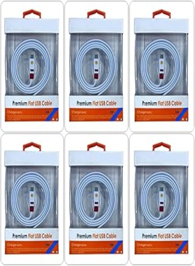 Premium Flat Cable For Charging Fast Data Transfer Micro to USB (1m Long, White, Pack of 6)