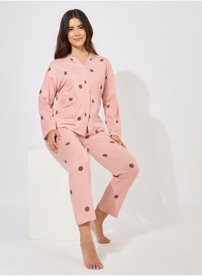 Take Two Polka Dot Print Long Sleeve Shirt & Pyjama Set  - Image 1
