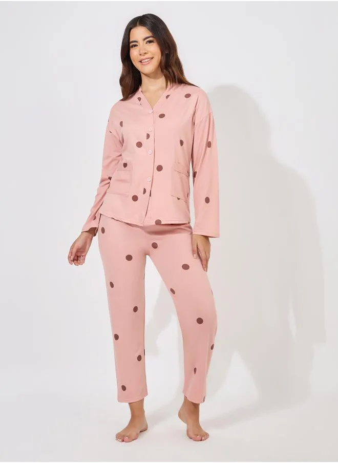 Styli Polka Dot Print Long Sleeve Shirt & Pyjama Set