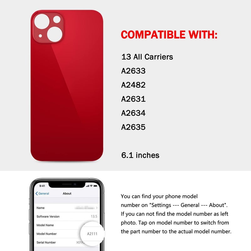 UooFide Rear Back Screen Cover Glass Replacement Compatible with iPhone 13 6.1-Inches All Carriers (Red) - Image 2