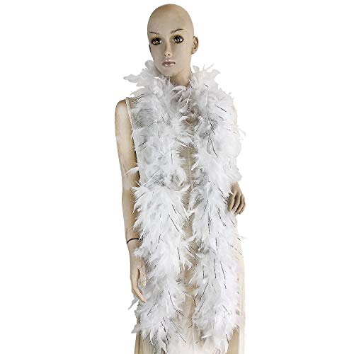 Flydreamfeathers 100 Gram 2 Yard Long Chandelle Feather Boa over 10 Colors, Great for Party, Wedding, Costume (White w/Tinsel) - Image 1