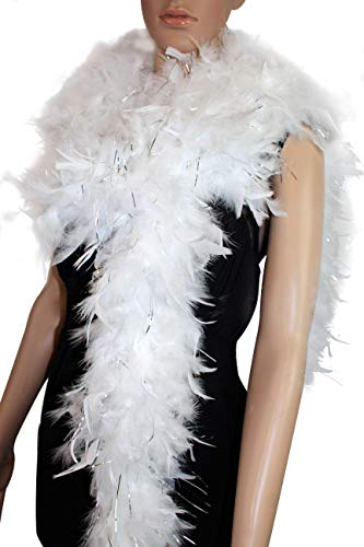 Flydreamfeathers 100 Gram 2 Yard Long Chandelle Feather Boa over 10 Colors, Great for Party, Wedding, Costume (White w/Tinsel) - Image 4