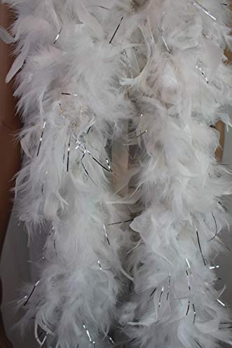 Flydreamfeathers 100 Gram 2 Yard Long Chandelle Feather Boa over 10 Colors, Great for Party, Wedding, Costume (White w/Tinsel) - Image 3