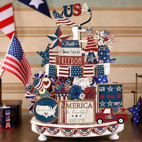 Seeloowy 26 Pcs 4th of July Tiered Tray Decoration Patriotic USA Wood Signs Rustic America Flag Red White and Blue Tiered Tray Decorations for Memorial Day Home 250th Anniversary Birthday Party - Image 3