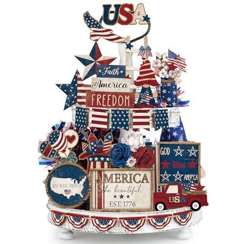 Seeloowy 26 Pcs 4th of July Tiered Tray Decoration Patriotic USA Wood Signs Rustic America Flag Red White and Blue Tiered Tray Decorations for Memorial Day Home 250th Anniversary Birthday Party - Image 1