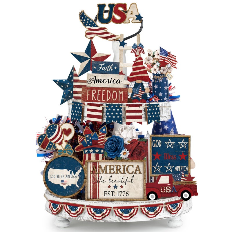 Seeloowy 26 Pcs 4th of July Tiered Tray Decoration Patriotic USA Wood Signs Rustic America Flag Red White and Blue Tiered Tray Decorations for Memorial Day Home 250th Anniversary Birthday Party - Image 2