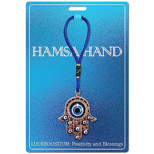 LUCKBOOSTIUM Hamsa Hand Amulet Pendant with Blue, White & Black Crystal Rhinestones & Evil Eye - Car Hanging Ornament, Rearview Mirror Accessories, Evil Eye Protection, Bag Charm, Gold Tassel - Image 2