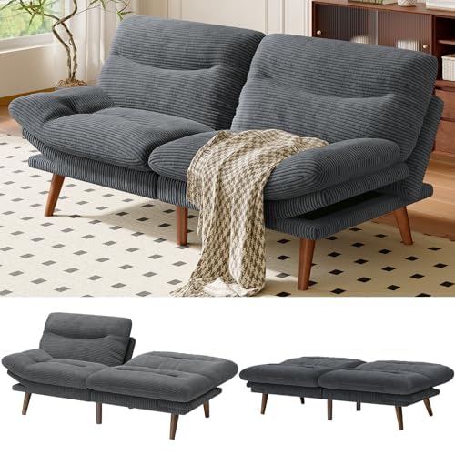 AMADA HOMEFURNISHING أمادا هوم فرنيشينغ سرير أريكة فوتون أريكة عتيقة مع مسند ظهر قابل للتعديل وأذرع قابلة للتحويل أريكة فوتون للأماكن الصغيرة في المنزل أو المكتب أريكة فوتون من قماش كوردوروي رمادي