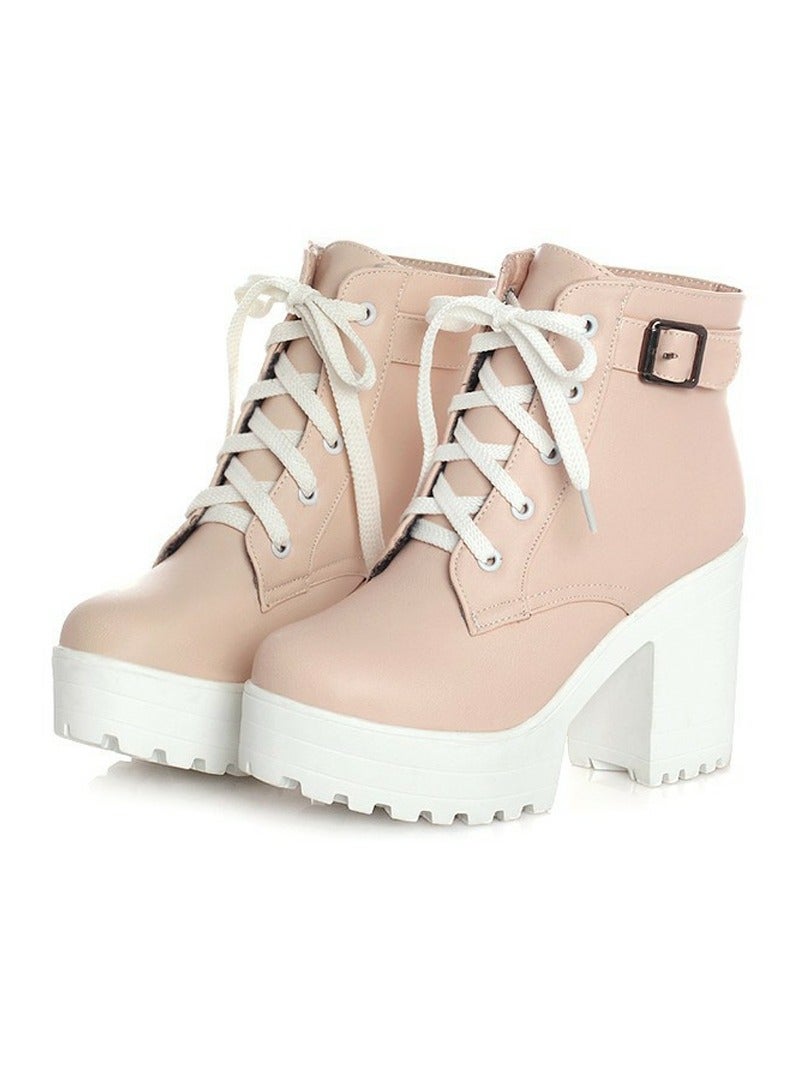 Loquat Women's Chunky Heels Lace Up Ankle Boots Round Toe High Heeled Short Booties Pale Pink - Image 1