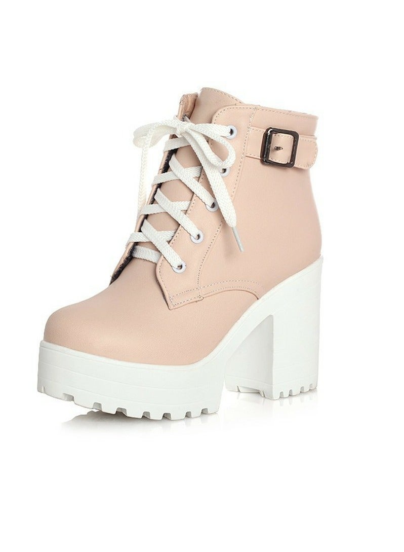 Loquat Women's Chunky Heels Lace Up Ankle Boots Round Toe High Heeled Short Booties Pale Pink - Image 2