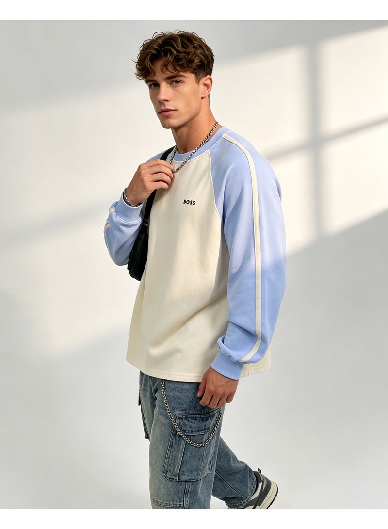 BOSS Unisex Oversized Raglan Sweatshirt Long Sleeve Casual Couple Top Streetwear Daily Wear Cream‑Light‑Blue - Image 3