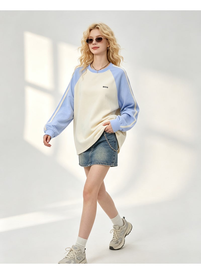 BOSS Unisex Oversized Raglan Sweatshirt Long Sleeve Casual Couple Top Streetwear Daily Wear Cream‑Light‑Blue - Image 5