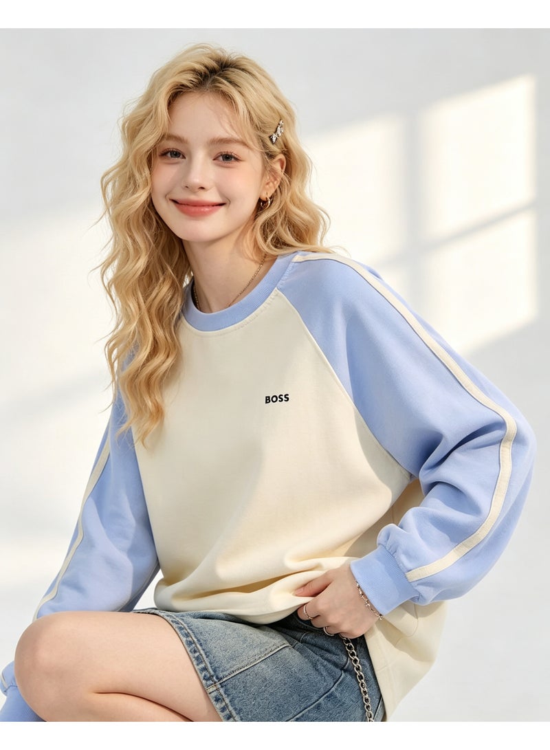 BOSS Unisex Oversized Raglan Sweatshirt Long Sleeve Casual Couple Top Streetwear Daily Wear Cream‑Light‑Blue - Image 4